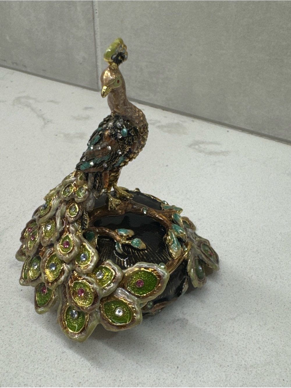 Vintage bejeweled enamel trinket box peacock